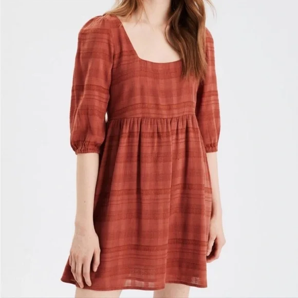 American Eagle AE Puff Sleeve Babydoll Mini Dress Large Women’s Burnt Orange - Picture 1 of 6